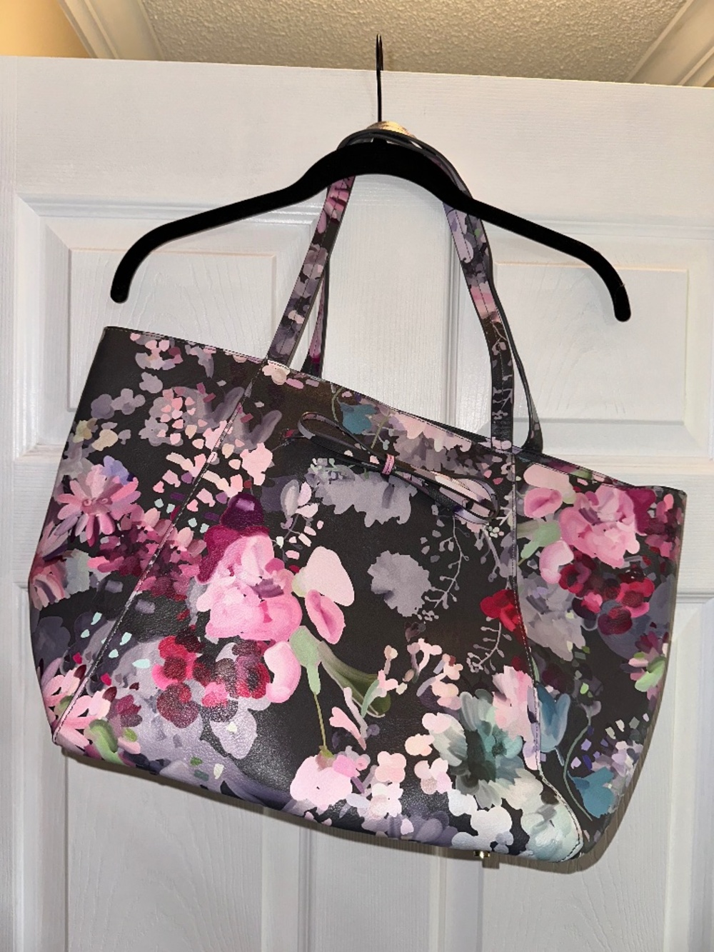 Indigo Floral Faux Leather Tote Bag Grey Pink, Purple & Black